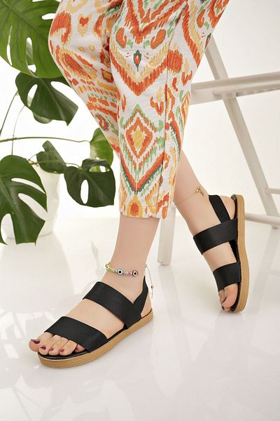 Modafırsat Women's Black Sandals Stylish Summer Beach Holiday Elastic Daily Sandals