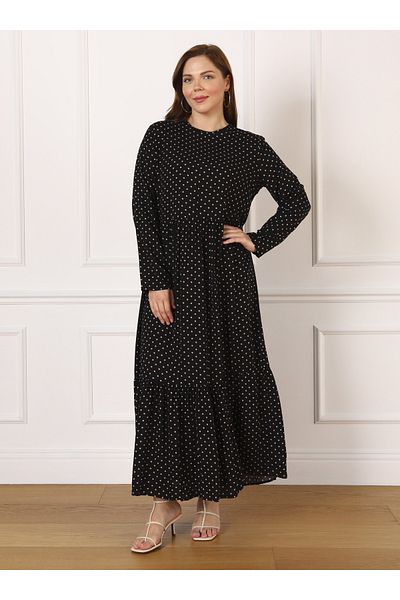 ALİA Plus Size Natural Fabric Polka Dot Patterned Hijab Dress - Black - Beige - Alia