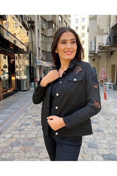 SGS Le Viva Stoned Tulle Detailed Black Jeans Jacket