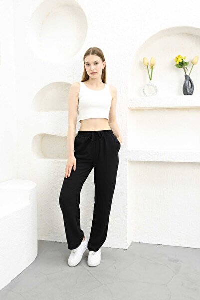 SHİROSA بنطلون نسائي كتان أسود - برباط