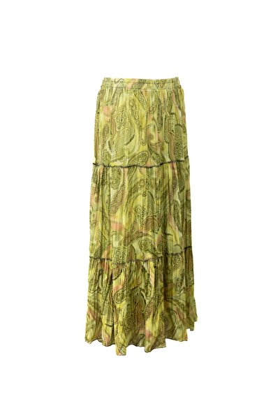 Oppland Magnolia Patterned Chiffon Skirt - Elastic Waist, Comfortable Cut, Split