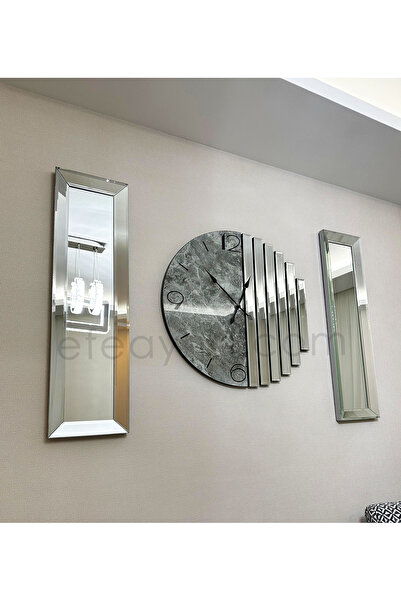 Efe Ayna Ritmik Model Gümüş Aynalı Duvar Saat Seti