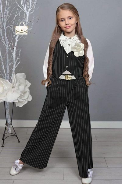 Riccotarz Stoned Detailed Collared Shirt and Striped Black Bottom Set for Girls