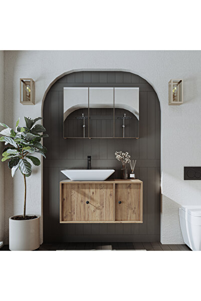 ROOMART Lavabolu Mat Mdf 90 Cm Çekmeceli Banyo Dolabı + Aynalı Üst Dolabı