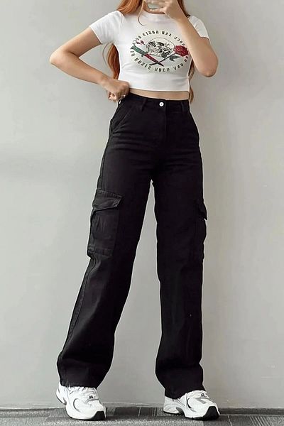 SHEVEGA Women's Black Cargo Pocket Lycra High Waist Palazzo Jean