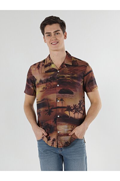 Colin's Regular Fit Shirt Neck Palmiye Desenli Turuncu Erkek Kısa Kol Gömlek Cl1057831