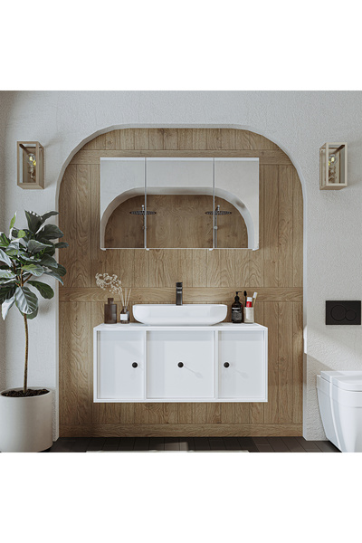 ROOMART Oval Lavabolu Mat Mdf 105 Cm Çekmeceli Banyo Dolabı + Aynalı Üst Dolabı