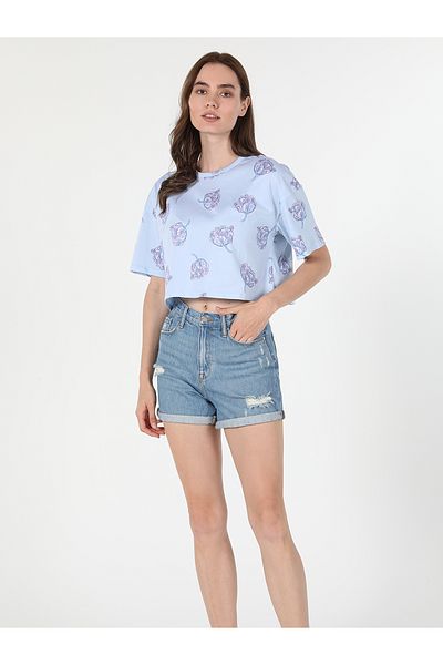 Colin's Tricou cu mânecă scurtă pentru femei, albastru, cu decolteu, cu imprimeu floral Cl 1058926