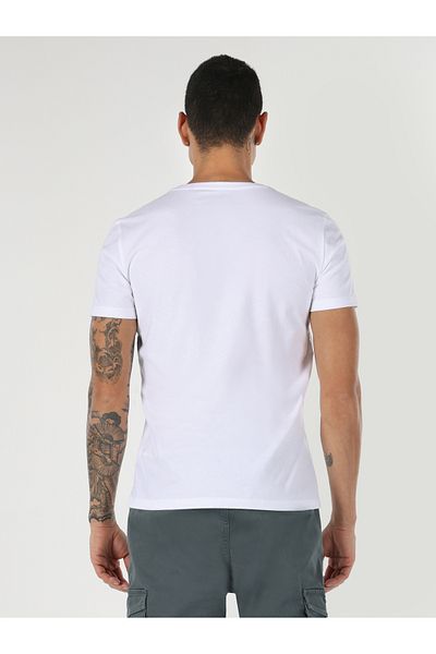 Colin's Tricou alb cu mânecă scurtă pentru bărbați, slim fit, cu decolteu în V