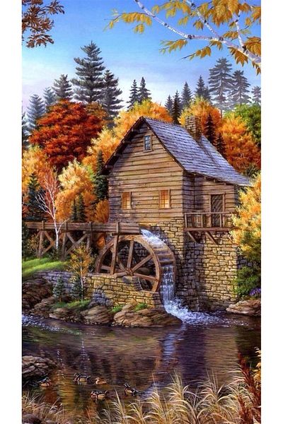 MARCEL SANAT Wooden Hut And Water Mill Diamond Mosaic Painting 35x60cm