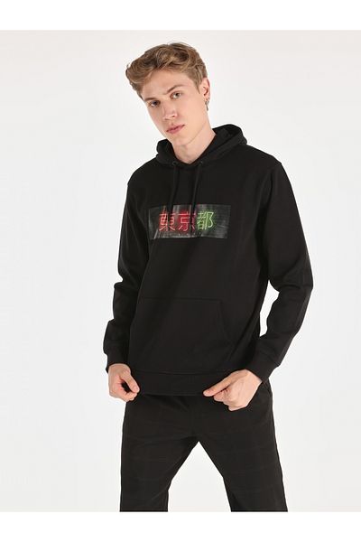Colin's Black Printed Regular Fit Men's Sweatshirt - Hooded CL 1059894