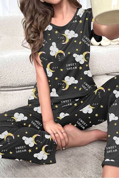 MEYLİYA Black Dreams Women's Pajamas Set - Short Sleeve, Bottom and Top Set YSMN