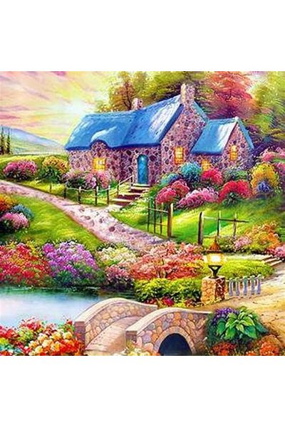 MARCEL SANAT House Diamond Mosaic Painting with Colorful Flowers and Stone Bridge 55x55 Cm
