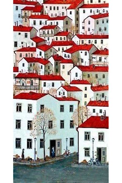 MARCEL SANAT White Buildings with Red Roof Diamond Mosaic Painting 30x57 Cm