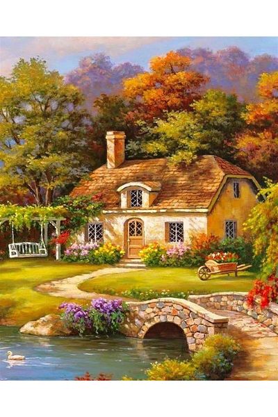MARCEL SANAT Diamond Mosaic Painting with Stone Bridge on Lake Shore 48x61
