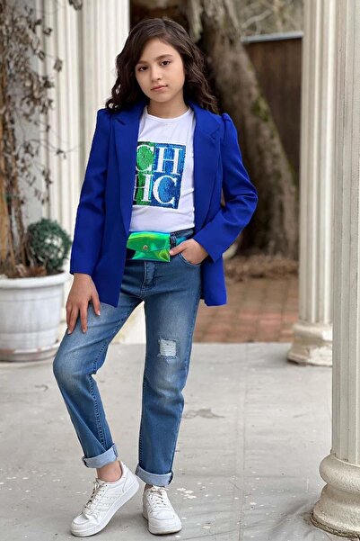 Riccotarz Girl's Letter Top with Sequin T-Shirt and Jean Saks Blue Blazer Jacket Top Set