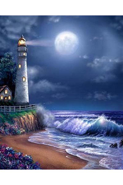 MARCEL SANAT 40x50cm Lighthouse and Full Moon Diamond Mosaic Painting