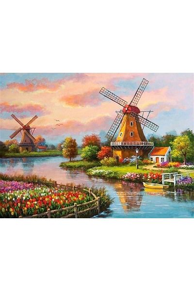 MARCEL SANAT Mills in the Village Diamond Mosaic Painting 70x50cm