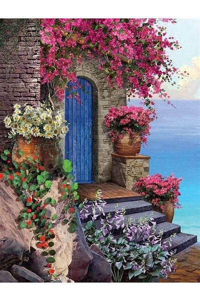 MARCEL SANAT Stone House Diamond Mosaic Painting by the Sea 46x61cm