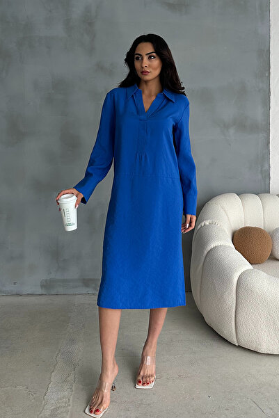 Ortaya Çık Синя сукня міді з модальної тканини з коміром-поло