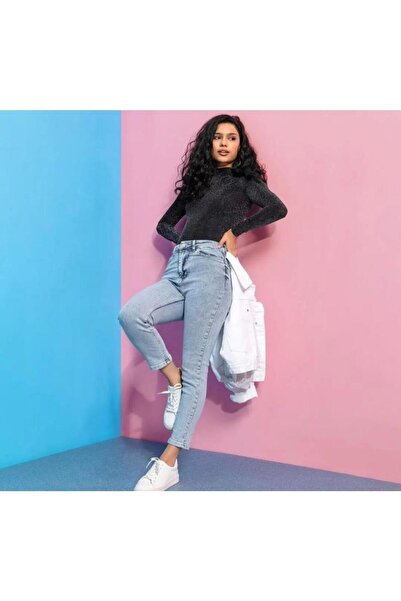 MADAME MELEK Mom Jean Full Likralı Yüksek Bel Kot Pantolon Jean Buz Mavisi