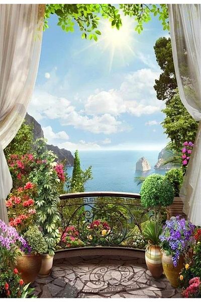 MARCEL SANAT Summer Morning Sea Landscape Diamond Mosaic Painting from the Balcony 55x81cm