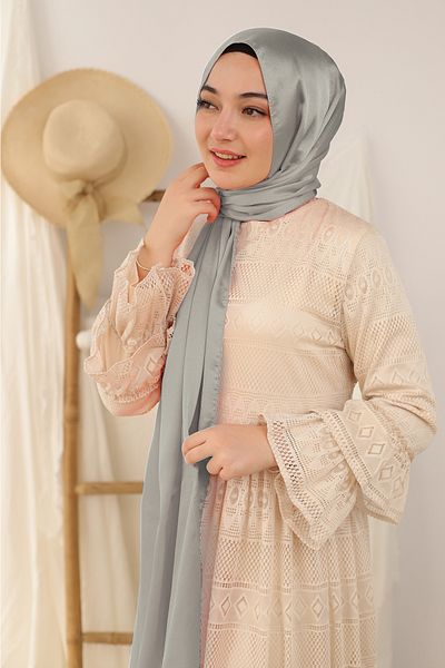 isometric Gray Evening Dress Janjan Shiny Satin Textured Hijab Evening Dress Chiffon Shawl