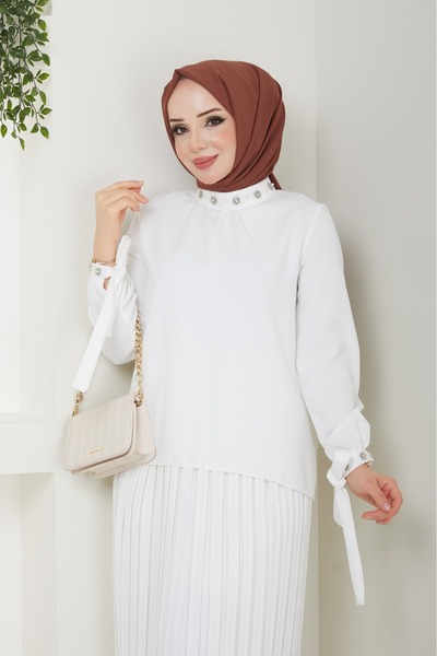 ECK MODA Γυναικεία φούστα με πλισέ γιακά μανίκι πέτρινη λεπτομέρεια κάτω επάνω σετ