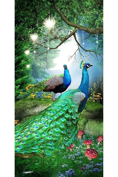 Marcel Kristal Tablo Peacocks in Nature Marcel Art Diamond Mosaic Painting 41x81cm