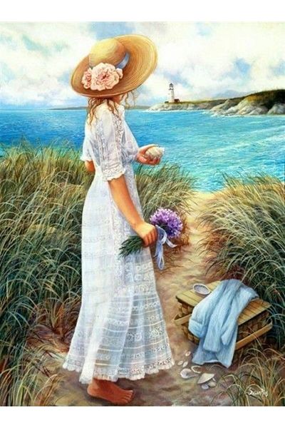 MARCEL SANAT Diamond Mosaic Painting Woman Expecting You Love on the Seashore 43x55cm