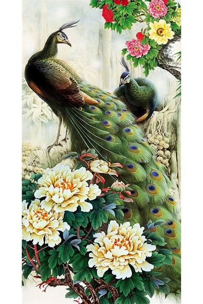 Marcel Kristal Tablo Peacock And Flowers Marcel Art Diamond Mosaic Painting 46x86cm