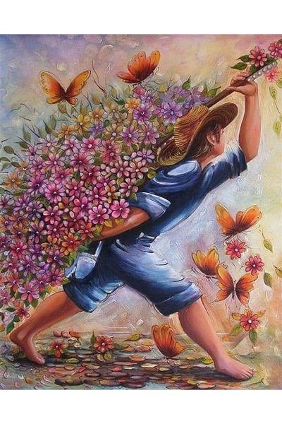 Marcel Kristal Tablo Child Carrying Flowers Marcel Art Diamond Mosaic Painting 71x89 cm