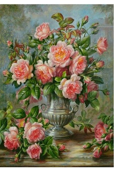 MARCEL SANAT Pink Roses in Silver Vase Diamond Mosaic Painting 46x66cm