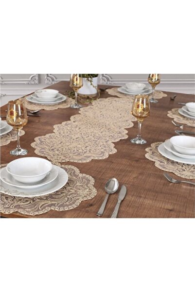 Tropikhome Amerikan Servis Nakışlı Supla Ve Runner Seti 6 Kişilik Valeria Set...