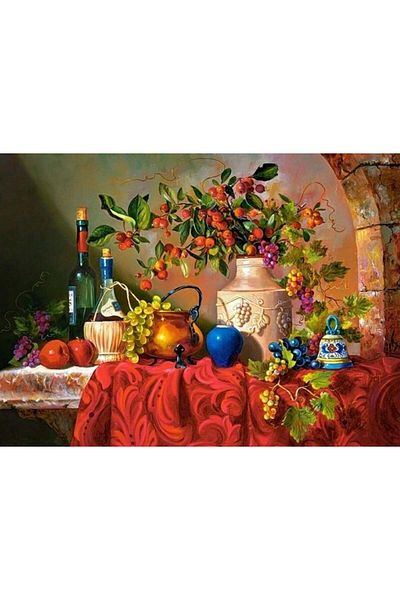 Marcel Kristal Tablo Fruits and Objects on the Red Blanket Marcel Art Diamond Mosaic Painting 69x51cm