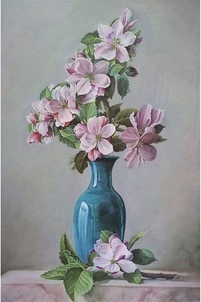 Marcel Kristal Tablo Pink Flowers in Green Vase Marcel Art Diamond Mosaic Painting 48x71cm