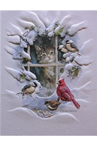 MARCEL SANAT Cute Cat and Birds in a Snowy Window Marcel Art Diamond Mosaic Painting 46x58cm