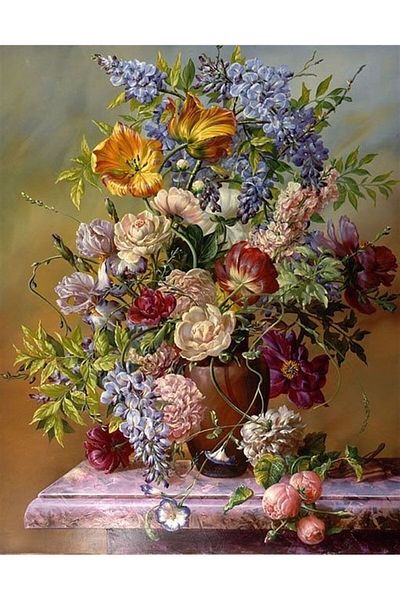 MARCEL SANAT Classic Flowers on Marble Table Diamond Mosaic Painting 48x61cm