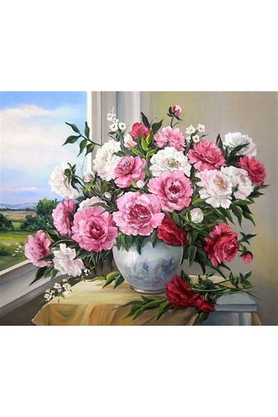 Marcel Kristal Tablo Roses in Front of the Window Marcel Art Diamond Mosaic Painting 58x51cm