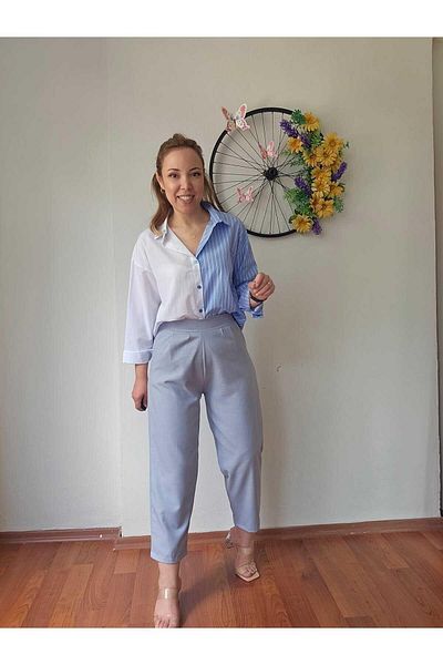 MADAME MELEK High Waist Elastic Back Waist Lycra Linen Light Blue Women's Salwar Trousers
