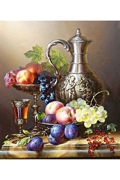 Marcel Kristal Tablo Silver Objects And Fruits Marcel Art Diamond Mosaic Painting 58x66cm