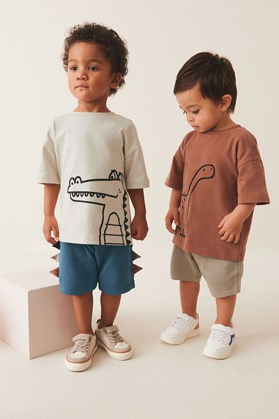Next Baby 100% Cotton Dinosaur Patterned Short Sleeve 2-Piece Top and Bottom Set with Shorts