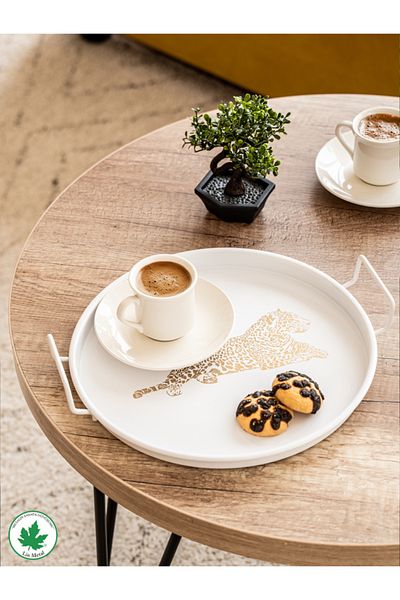 linmetal 24 cm Metal Tray with Handle Round Tea Tray Presentation Tray Coffee Tray with Metal Handle (Tiger Printed)