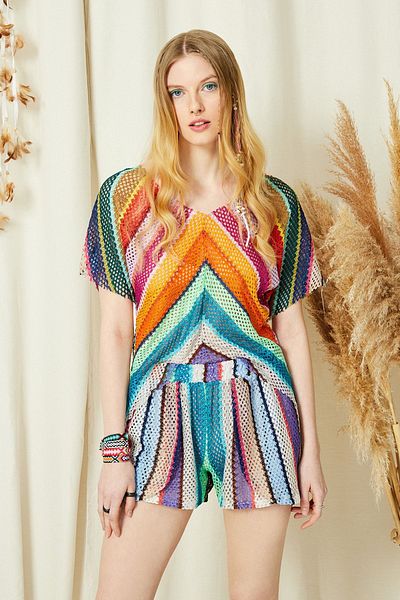 ENNA MODA Set de pantaloni scurți din țesătură din dantelă, seria exclusivă, cu design curcubeu, îmbrăcăminte de plajă