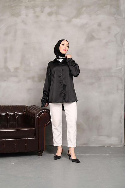 Nergis Neva Butik Satin Balloon Sleeve Tunic