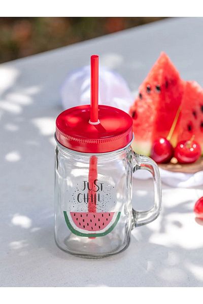 LC Waikiki Lcw Home Watermelon Printed Lid and Glass Cup with Straw 450 ml