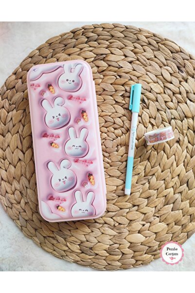 Pembe Çarşı Sevimli Tavşan Çok Bölmeli 3D Baskılı Plastik Kalem Kutusu 1 Adet