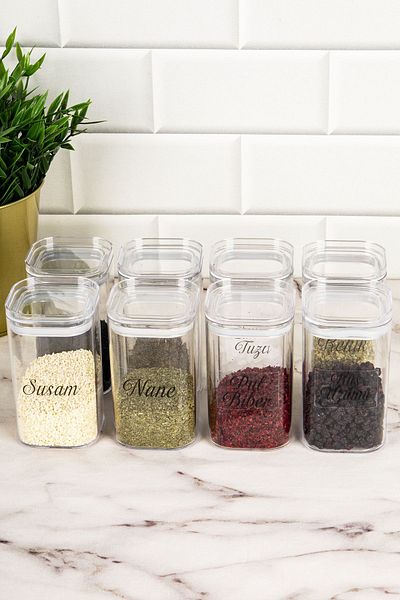 DNS HOME 8-Piece 250 ml Acrylic Spice Jar Set with Vacuum Lid Storage Container Transparent Labeled Jar Spice Jar