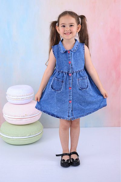 BUUFUU Rochie pentru fete din denim cu nasturi în față, cu buzunare cu mâneci zero (CUMPĂRĂ O MĂRIME MAI MARE)