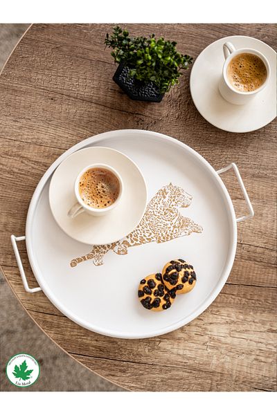 linmetal 24 cm Metal Tray with Handle Round Tea Tray Presentation Tray Coffee Tray with Metal Handle (Tiger Printed)